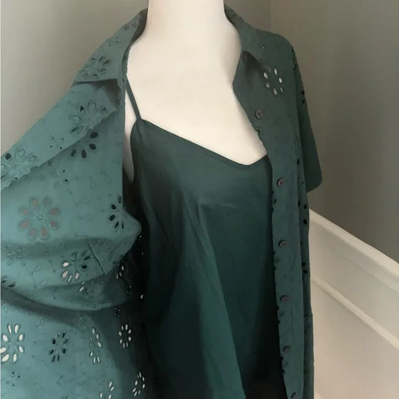 Loft Dress Womens size 10 Green Mini Eyelet Button Cottage Boho Summer Cotton - Picture 7 of 9